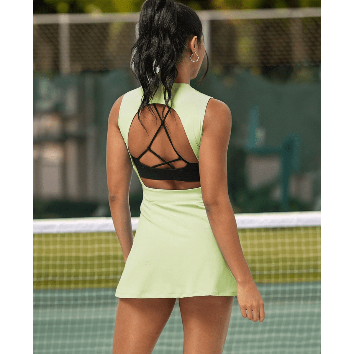 Womens Tennis Dress with Built in Shorts Workout Athletic Rompers Open Back Skort Dress Matcha Green M
