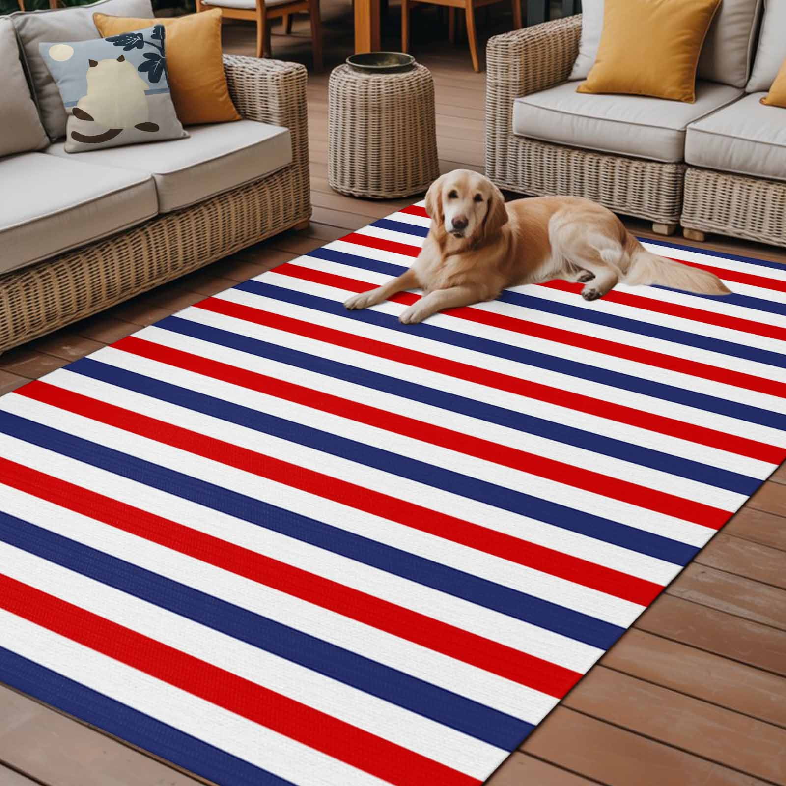 3' x 5' Outdoor Rug, Red Blue White Striped Outdoor Washable Rug Large Floor Carpet, Modern Simple Stripes Non Shedding Area Rug for Outside Patio RV Porch Deck Balcony Camping Living Room