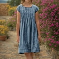 thumbnail image 2 of ZACPNCV Girls Dress Short Sleeve Solid Color Tunic A-Line Tiered Swing Dress Pleated Summer Dresses Vacation Blue 6-7 Years, 2 of 7