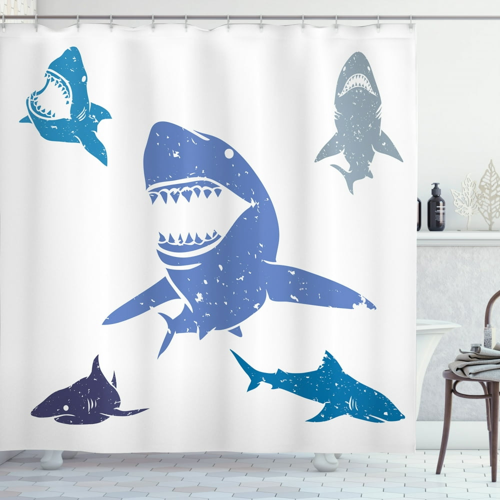 Shark Shower Curtain, Grunge Style Big and Small Sharks with Open