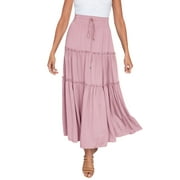 knqrhpse Skirts For Women Casual Dress Women’s Elastic High Waist Boho Maxi Skirt Ruffle A Line Swing Long Skirts Womens Dresses Pink Dress L