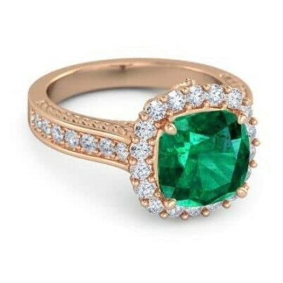 HeartsAndYou 4ct Natural Green Emerald & Diamond Halo Engagement Ring 14k Solid Rose Gold