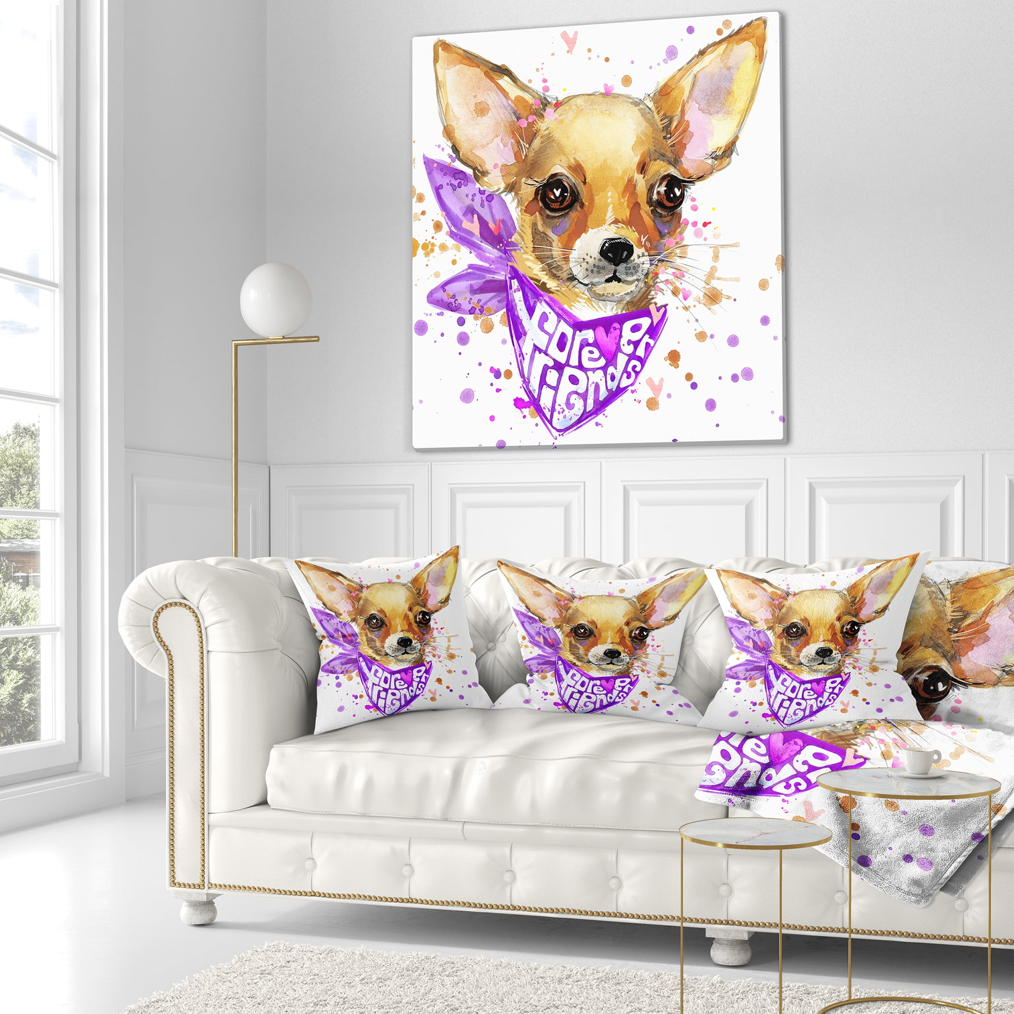 Designart Cute Puppy Dog with Neck Shawl - Contemporary Animal Throw Pillow - 18x18
