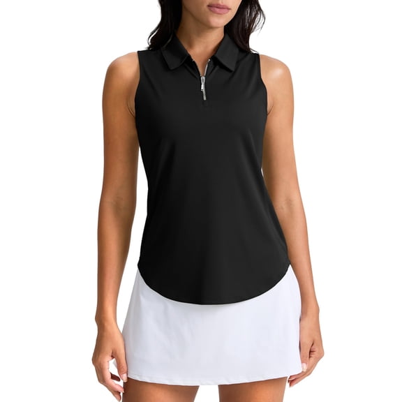 Womens Summer Tops Athletic Curved Collar Half Zip Breathable Sleeveless Tennis Top Shirts for Women Black L