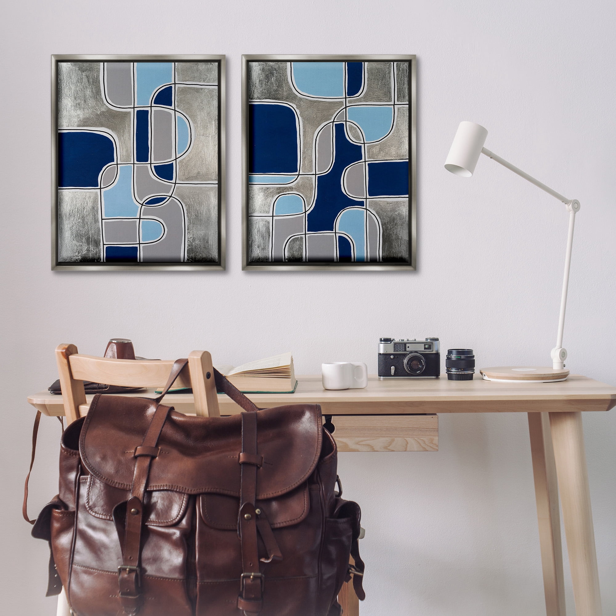Stupell Industries Blue & Grey Geometrics Abstract Painting Gray Floater Framed Canvas Art Print Wall Art, 25 x 31, Set of 2