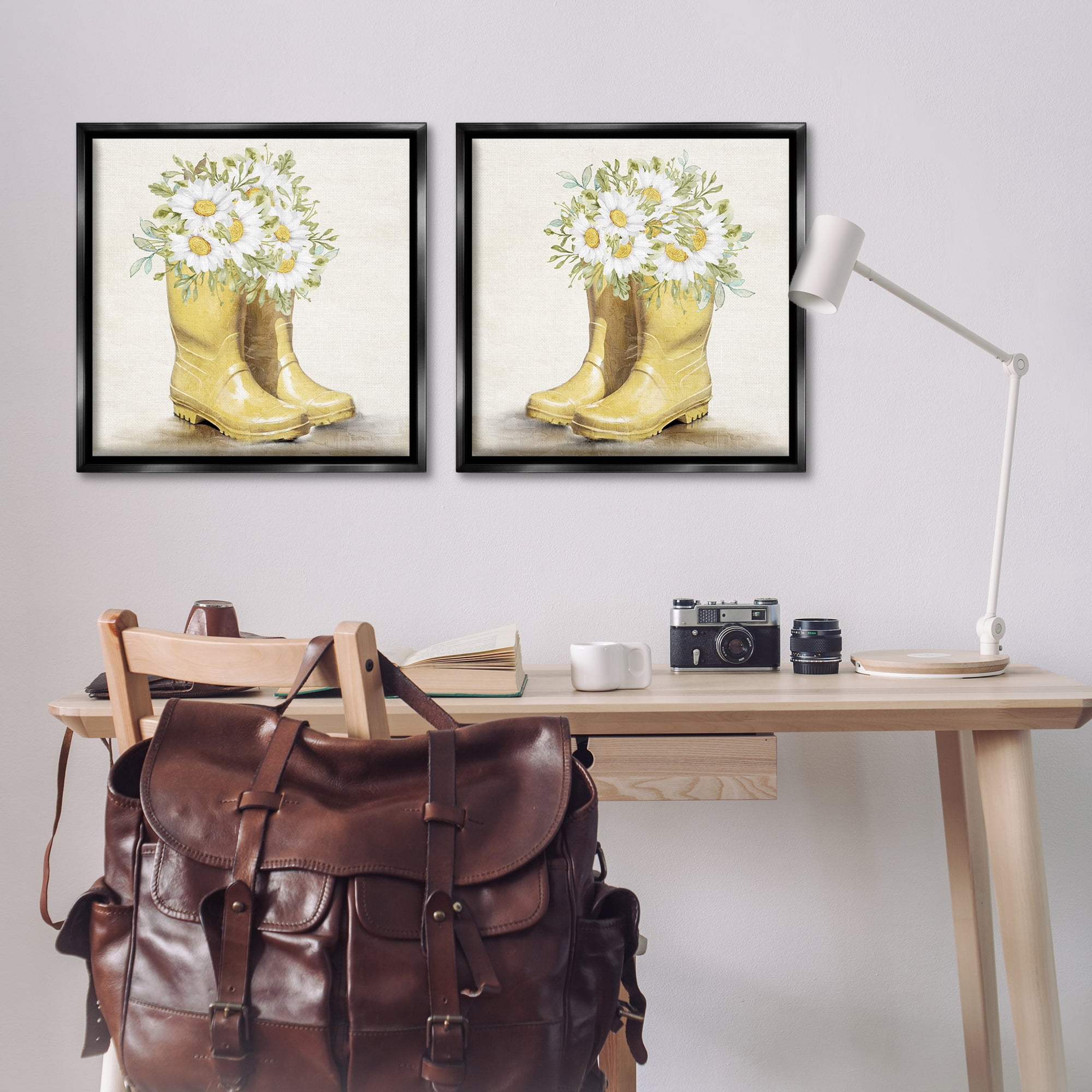 Stupell Industries Yellow Garden Boots Daisies Plants & Flowers Painting Black Floater Framed Canvas Art Print Wall Art, 25 x 25, Set of 2
