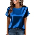 thumbnail image 5 of Dweltoz Silk Smooth Satin Tops for Women Short Sleeve Crew Neck T-Shirt Loose Satin Tunic Tops Spring Solid Color Work Business Clothes 2026,Blue S, 5 of 5