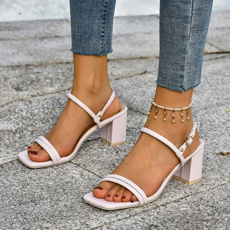 

Aayomet Sandals Women Ladies Fashion Solid Color Leather Square Head Open Toe Buckle Thick High Heeled Sandals Pink 8