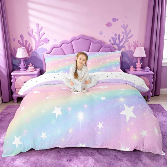 meiyoeat Colorful Gradient Bedding,Cute Rainbow Stars Print Duvet Cover Full For Girl,Reversible,3-Piece,1 Duvet Cover and 2 Pillowcases