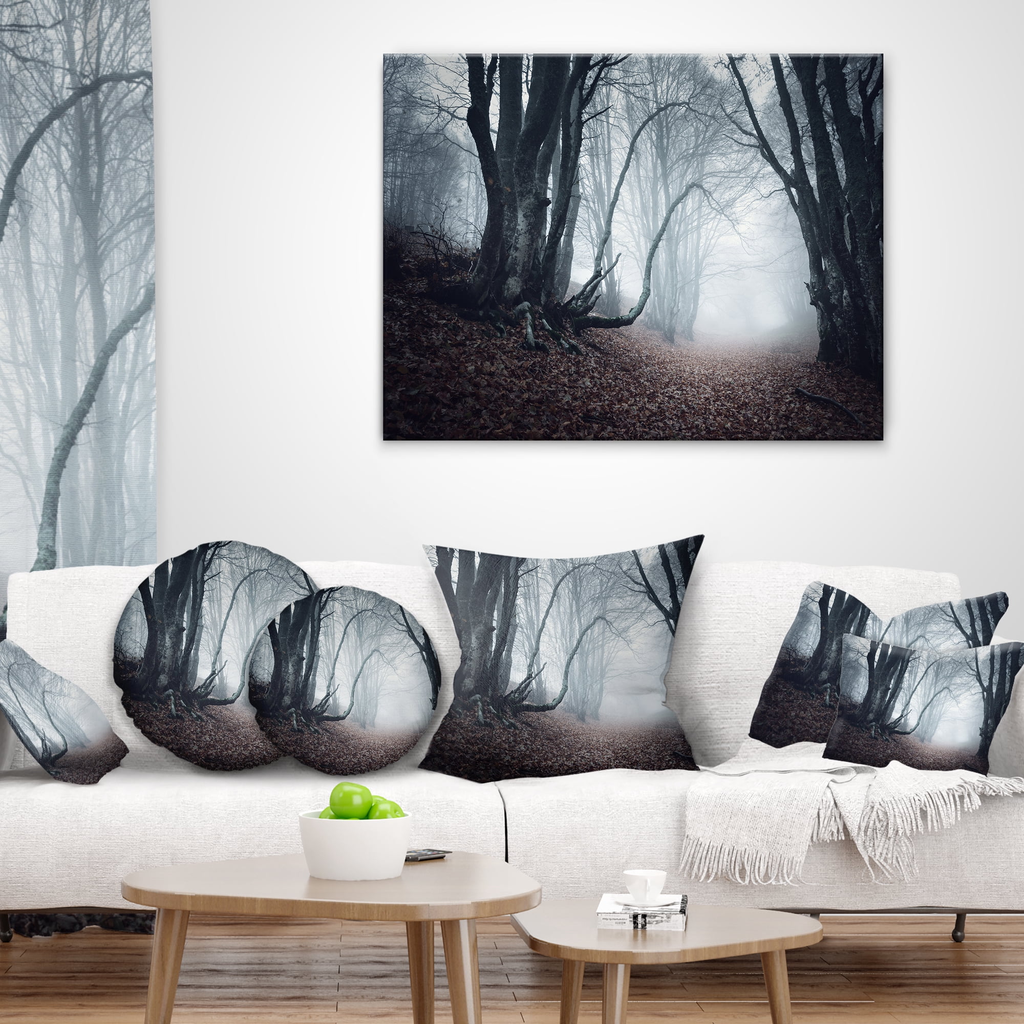 Designart Mysterious Fairytale Foggy Wood - Landscape Photography Throw Pillow - 16x16