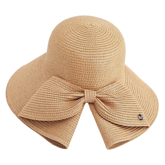 Elegant Women Foldable Straw Sun Hat with Bow Large Brim Packable Beach Visor for Summer Travel Sun Protection Khaki