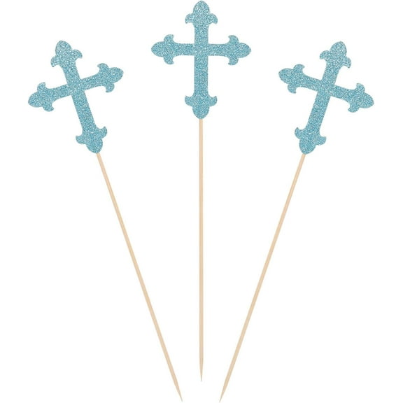 Blue Glitter Cross Centerpiece Sticks for Baptism Christening Party Decorations - 12pcs