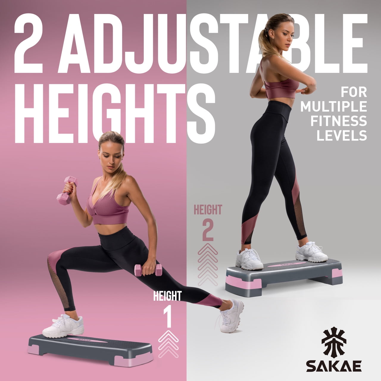 SAKAE Pink Exercise Step Platform Set with Ankle Weights & Measuring Tape, Adjustable Height 2 Level Risers Workout Step Trainer, Aerobic Steppers for Home Gym Exercise Fitness Workout