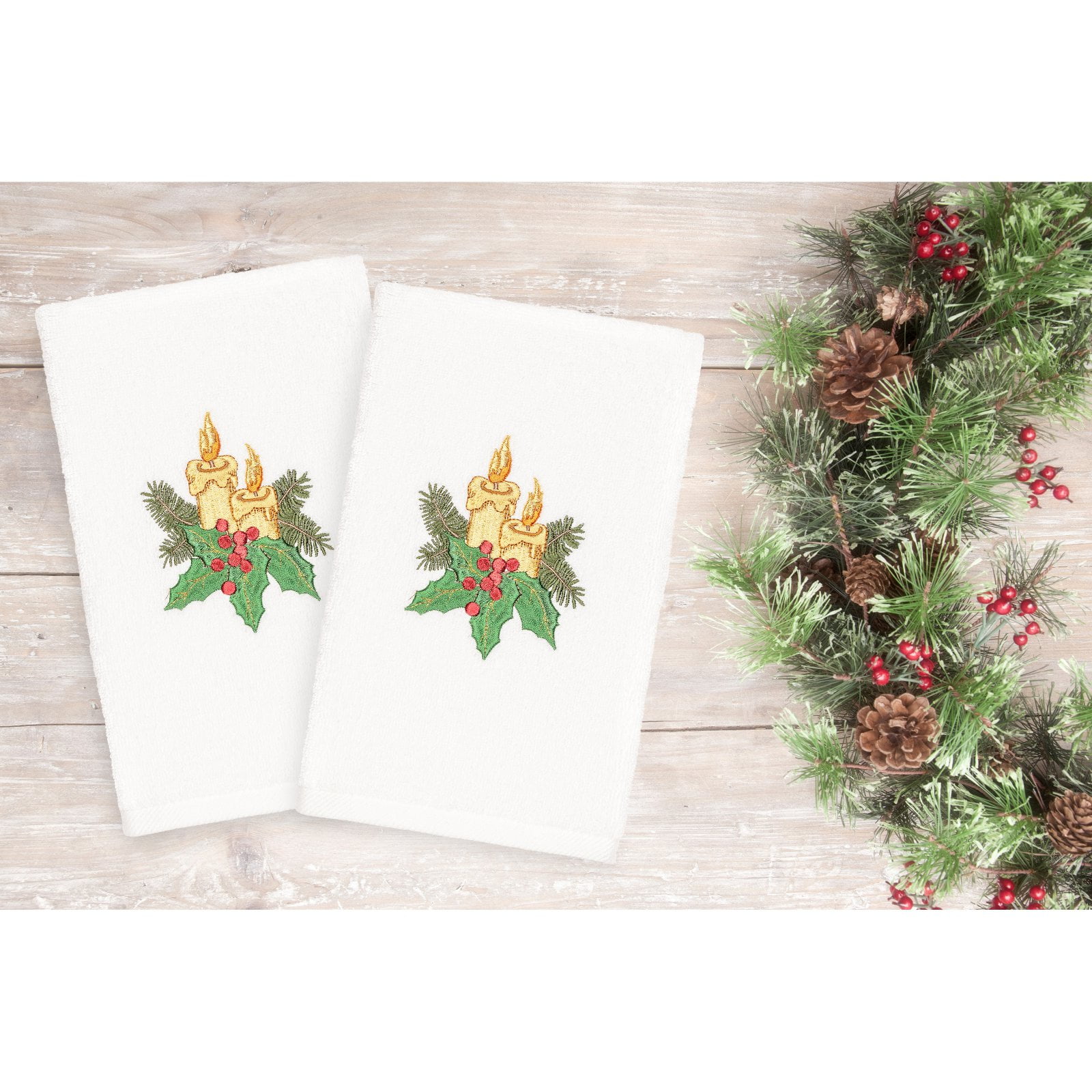 Linum Home Textiles Christmas Candles Embroidered Turkish Cotton Hand Towel - Set of 2