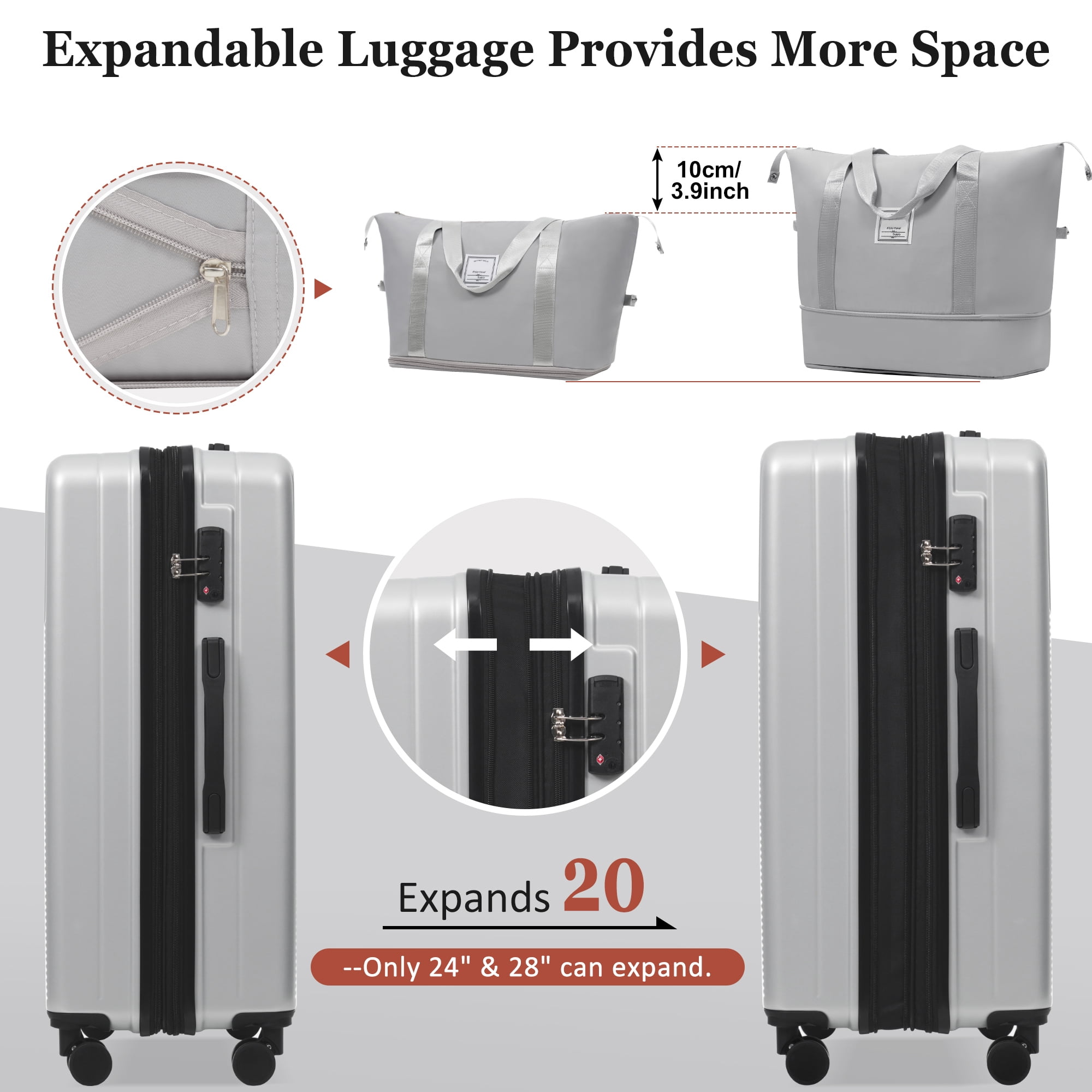 Euroco 5 Piece Luggage Sets, 20" Carry-On Luggage with Half-Opening & USB Port, 20/24/28inch Lightweight Travel Suitcase Set with TSA Lock, Double Spinner Wheels & 2 Travel Duffel Bags,Silver
