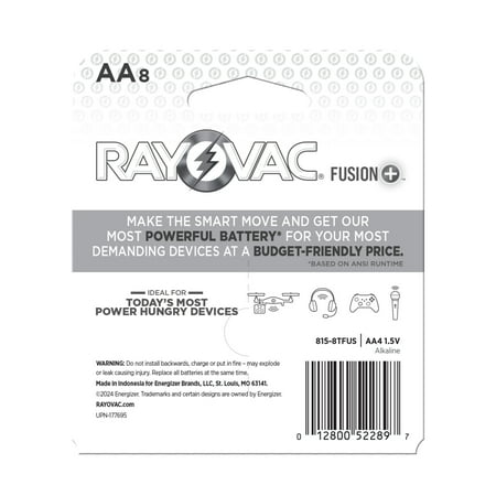Rayovac Fusion AA Batteries (8 Pack), Double A Alkaline Batteries