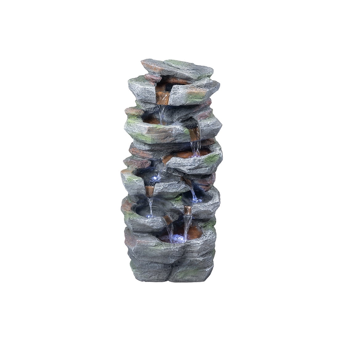 Rock Waterfall Outdoor Fountain with LED Lights Resin Stone Garden Fountain Tiered Cascading Water Feature for Patio Lawn Backyard Decor
