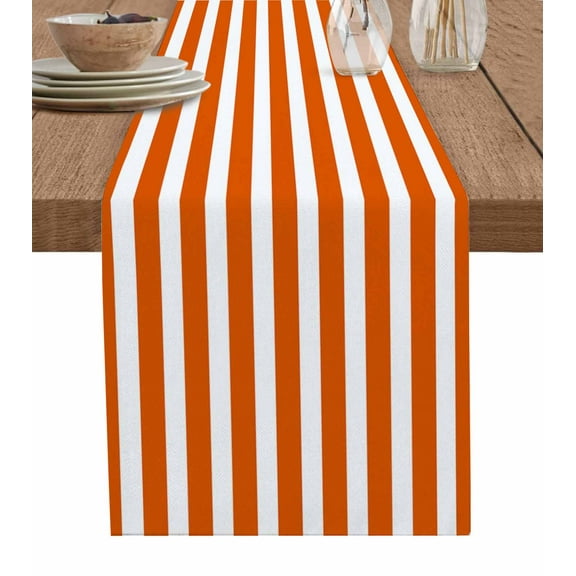 Burnt Orange Striped Table Runner Thanksgiving Orange White Stripes Tablerunners 13 x 108 Inch, Table Decorations Tabletop Scarf for Summer Gathering Holiday Farmhouse Kitchen Dining Decor