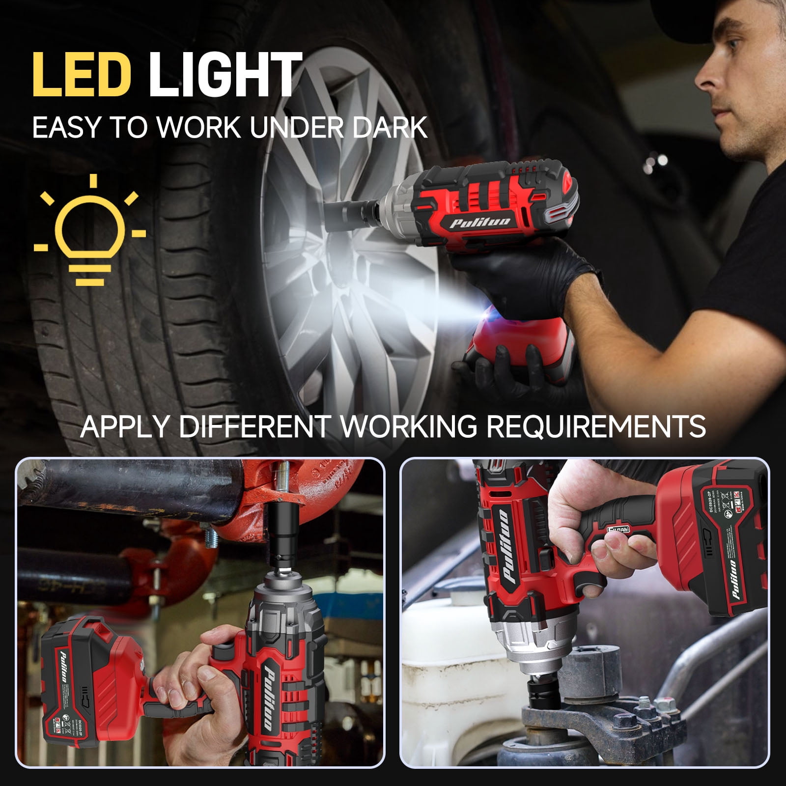 20V Cordless Impact Wrench 1/2", 400N.m High Torque, 2300 RPM, 3.0Ah Battery & Fast Charger, 4 Sockets, LED Light, 5 Modes – Electric Impact Gun for Truck Tires(Red)