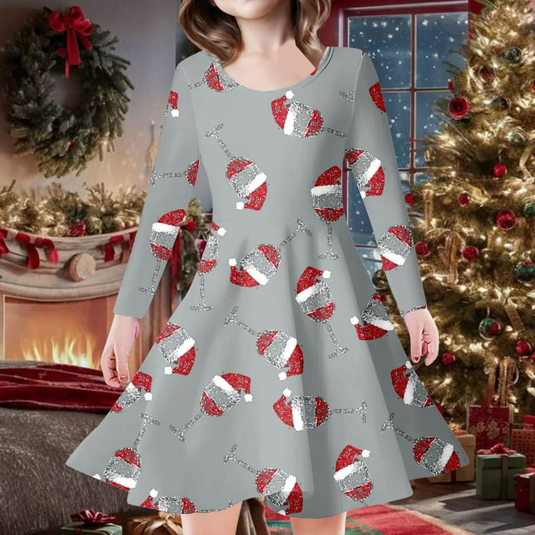 Girls Christmas Dress Christmas Print Long Sleeve Christmas Dress