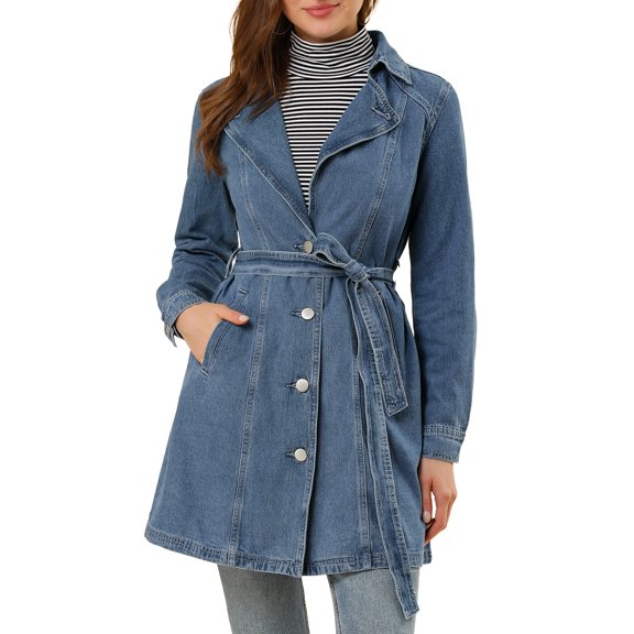 Allegra K Women's Notched Lapel Long Sleeves Button Belted Long Denim Jacket