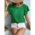 thumbnail image 4 of Womens Summer Ruffle Short Sleeve Crewneck Shirts Textured Ladies Elegant Business Blouses Dressy Casual Green Green S, 4 of 6