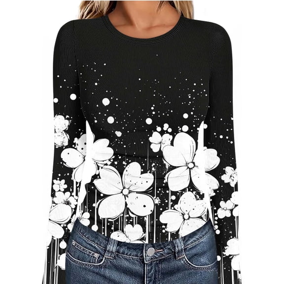 ICHUANYI Women's Non Positioning Printing Top Long Sleeve Round Neck Tops Trendy Casual Top Shirts Slim Fit Top Fitted Basic Tees