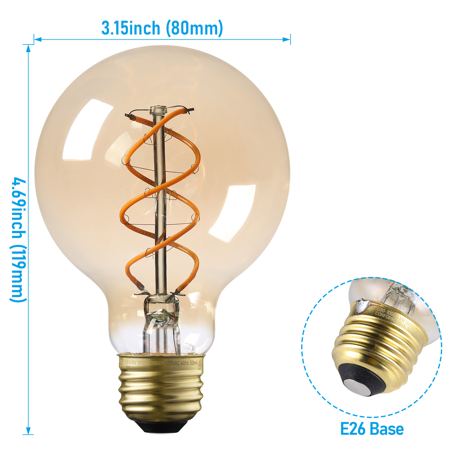 3 Pack G25 LED Globe Light Bulbs, Amber Glass, Dimmable, E26 Base Vintage Edison Bulb, 2000K Amber Light