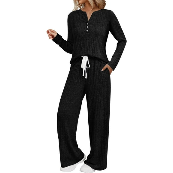 Women‘s Knit Pajama Set Long Sleeve Soft Sleepwear Loungewear Comfy Pjs Set for Women