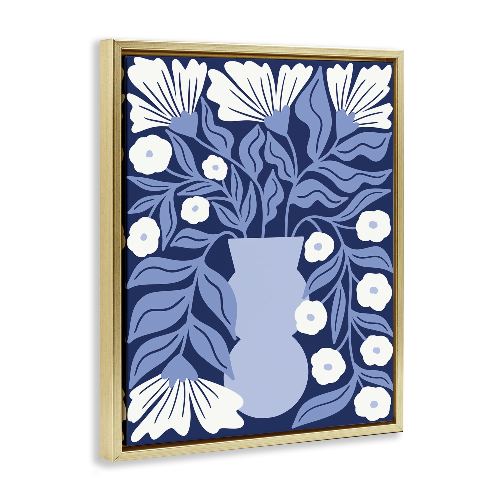Stupell Industries Funky Blue Flower Vase Plants & Flowers Painting Gold Floater Framed Canvas Art Print Wall Art, 17 x 21
