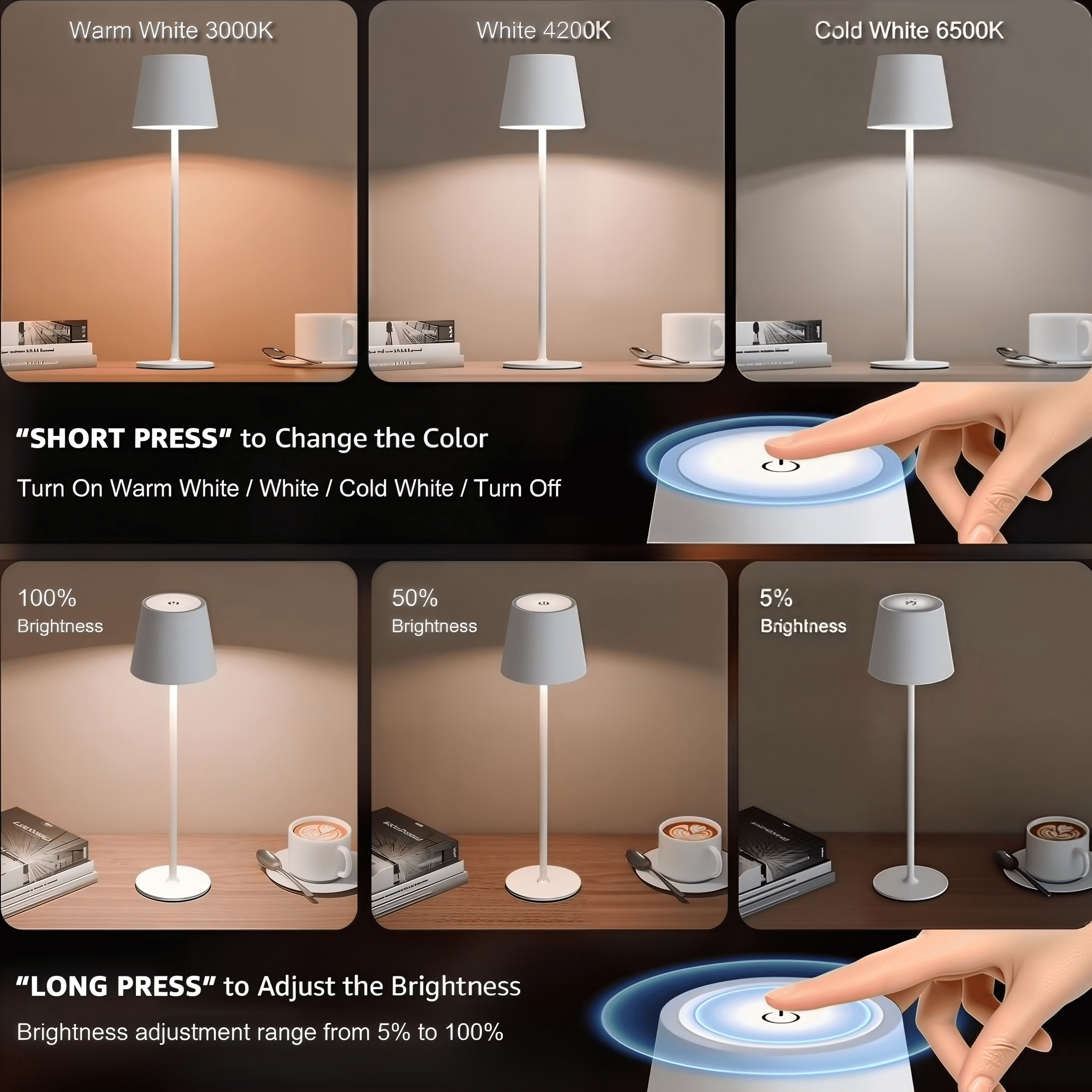 Postlucky 2 Pack 15" Cordless Rechargeable Table Lamp, 3 Colors Dimmable Touch Lamp for Restaurant/Bedroom/Home, Matte White