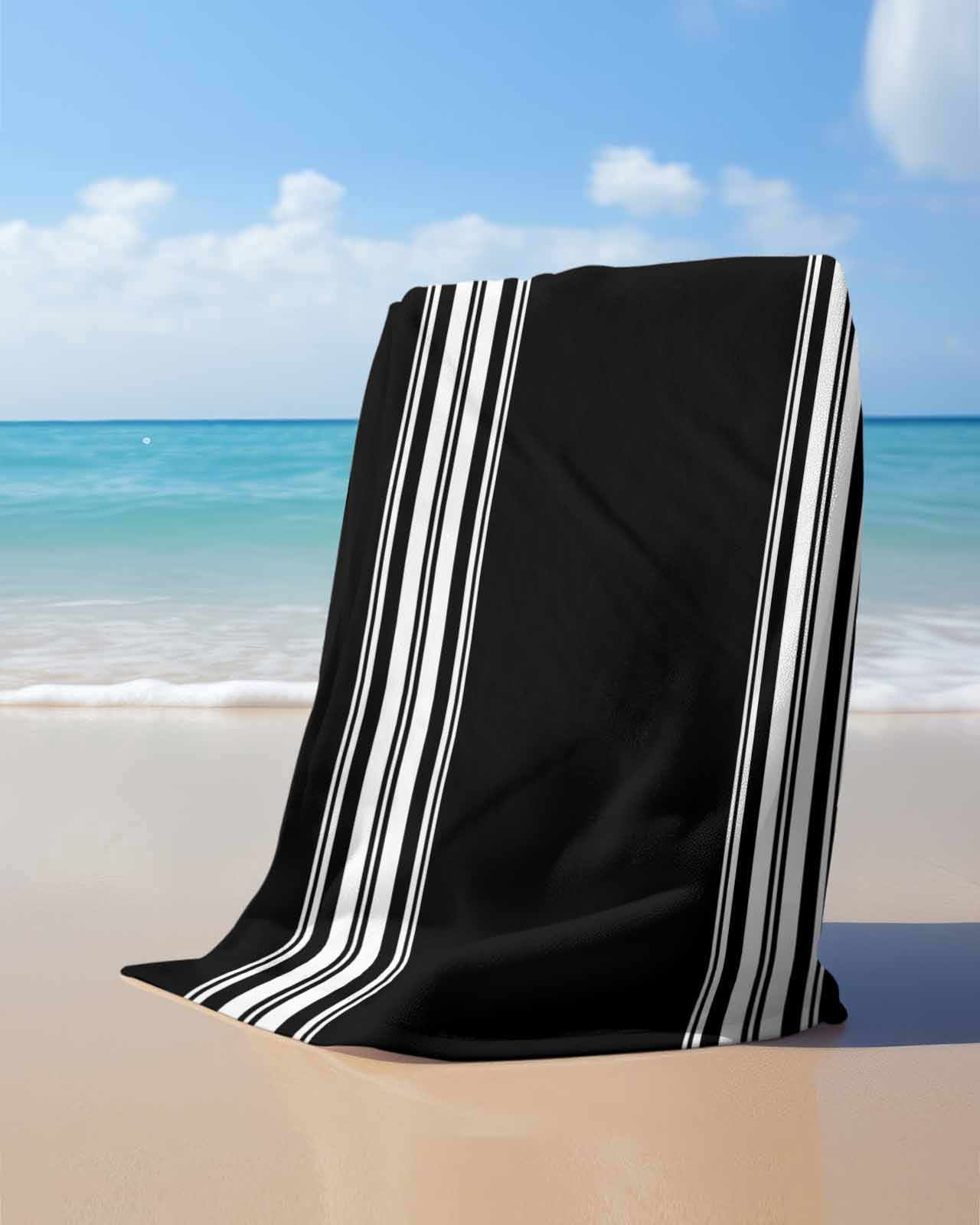 Black Striped Beach Towels Oversized Super Absorbent, Farmhouse Black White Stripes Lightweight Bath Towel Quick Dry Sets For Bathroom/Pool/Rv Camping/Beach Play/Gym Room/Picnic 30"x60"