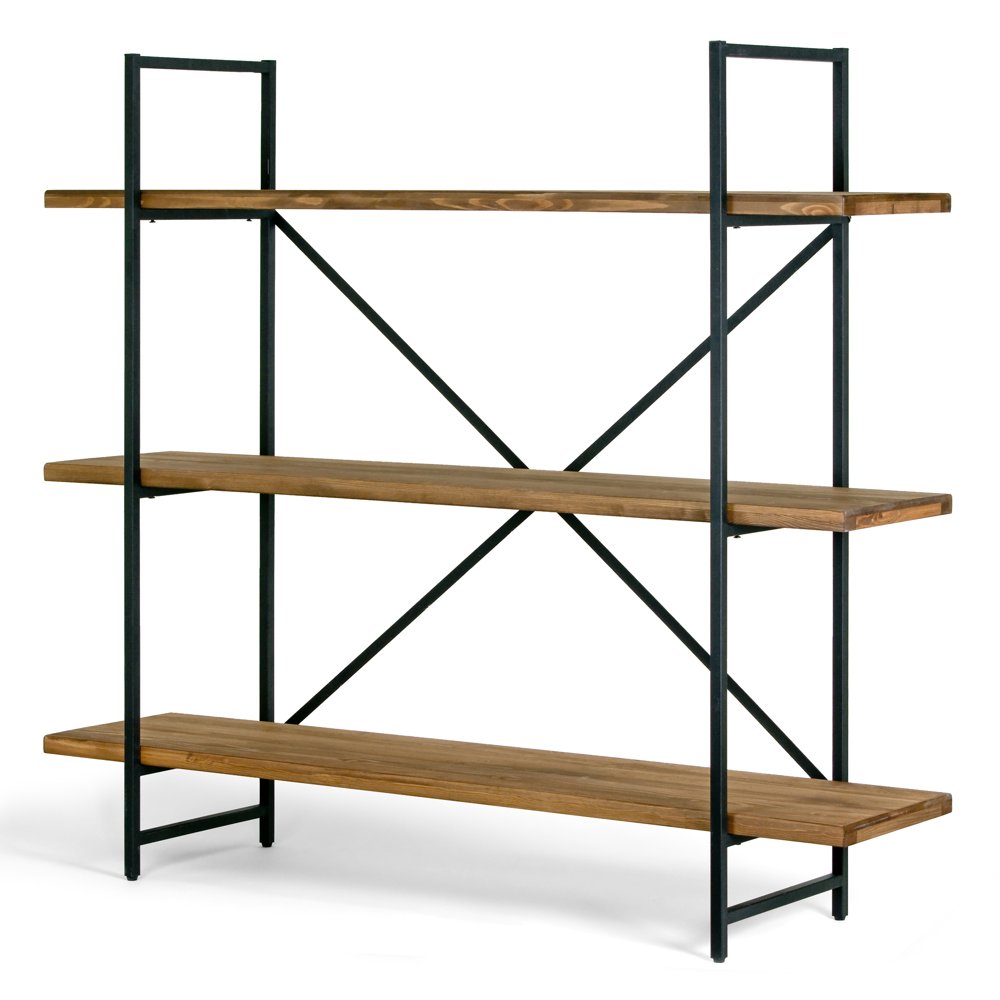 Ailis 56" Brown Pine Wood Metal Frame Etagere Three Wide Shelf Bookcase