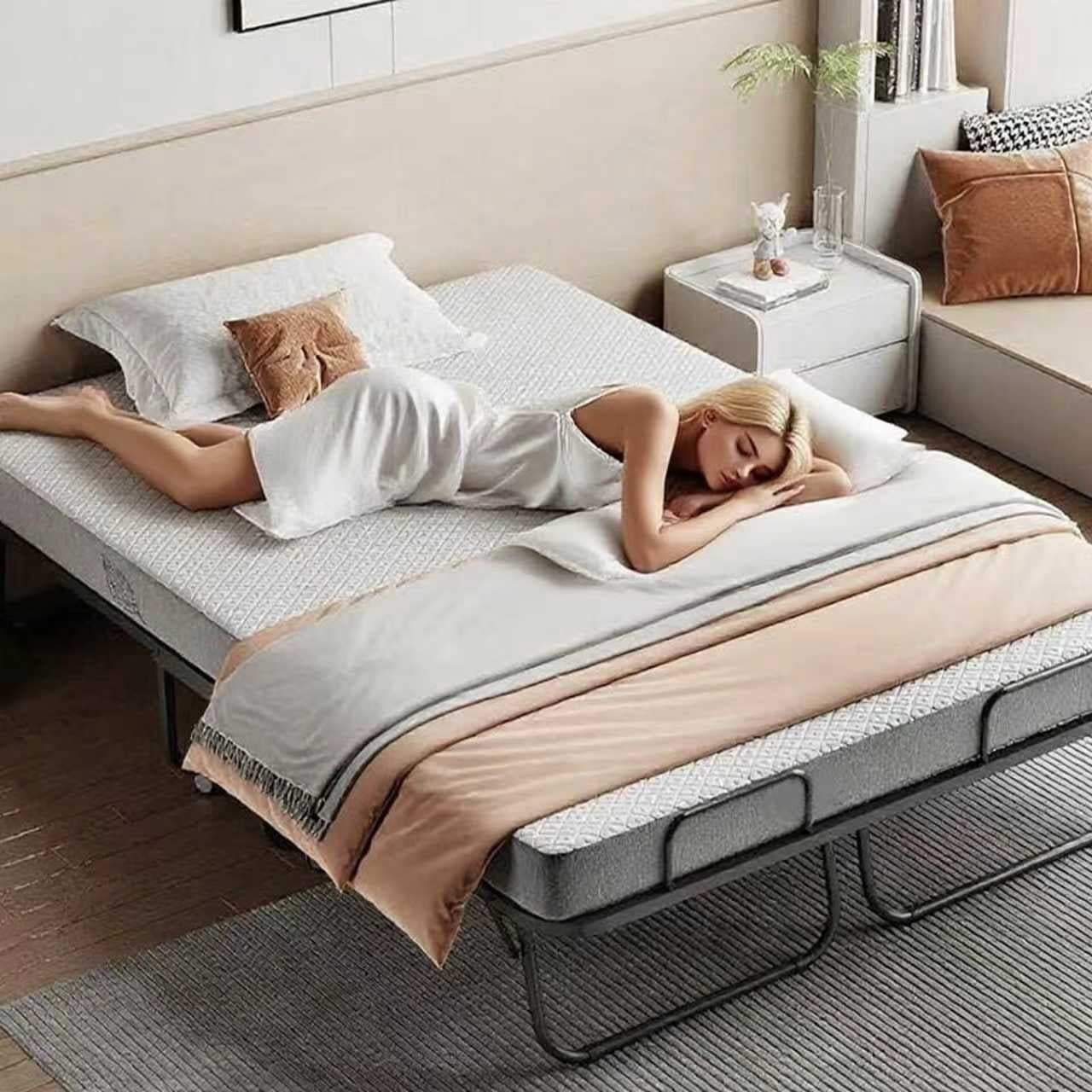 Full Size Folded Bed with Mattress, 75" x 54" Folding Bed, Extra Large Rollaway Bed Guest Bed with Wheels for Guest/Hotel