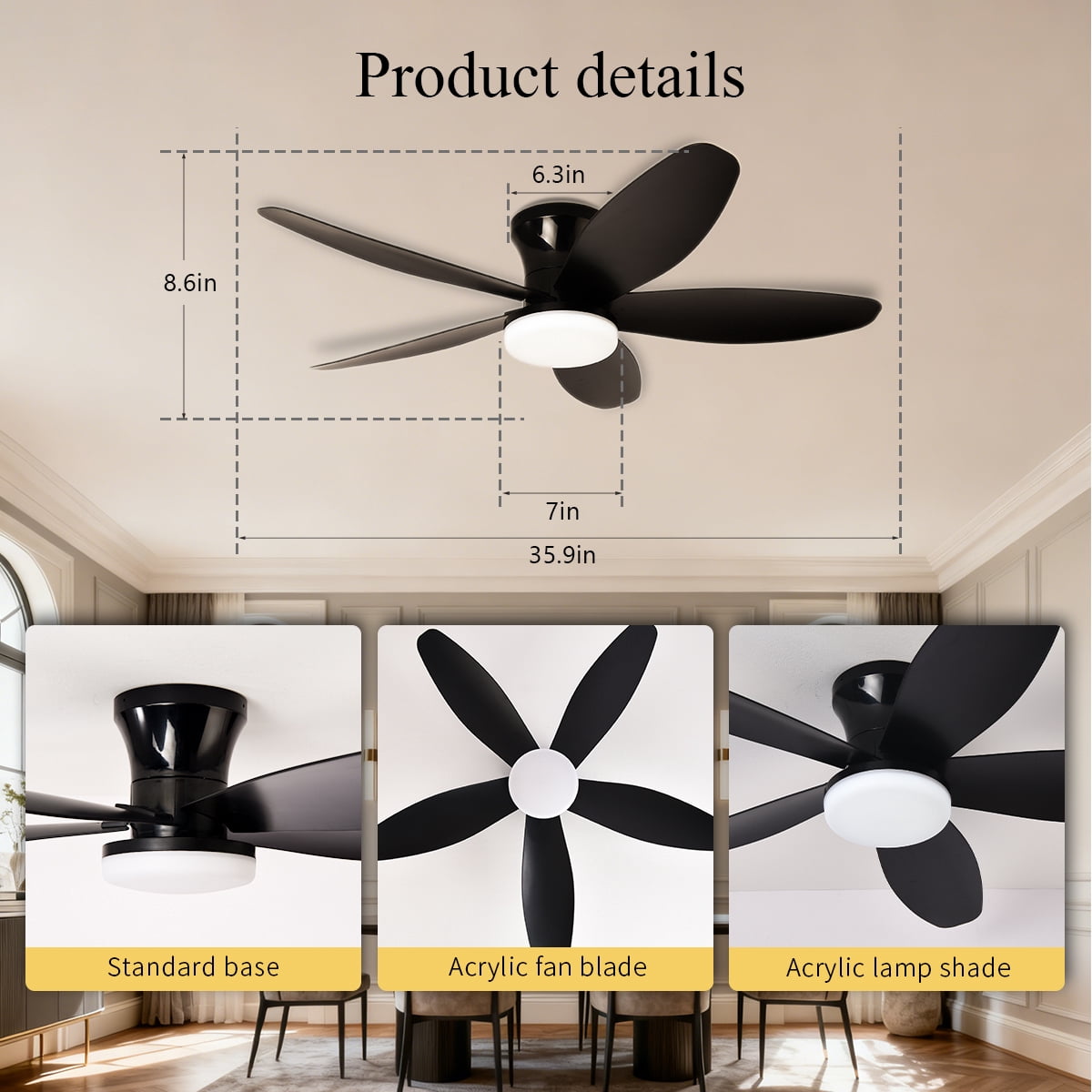 Ceiling Fans with Lights, 36 inches Low Profile Ceiling Fan with Light and Remote/APP Control, Fully Dimmable LED Light and Reversible Moter, Modern Ceiling Fan for Bedroom Living Room, Black