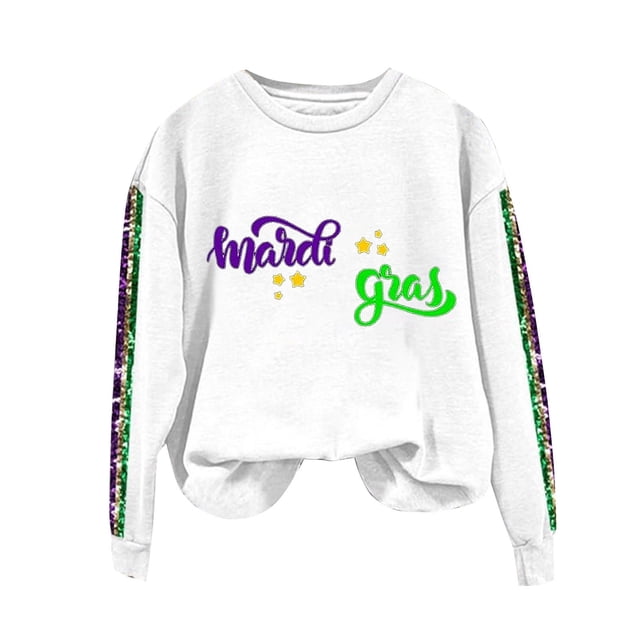 Outfmvch Chemises Mardi Gras pour Femmes, Chemises à Manches Longues pour Femmes, Hauts Mardi Gras pour Femmes, Chandail en Molleton Mardi Gras pour Femmes, Hauts Violets pour Femmes, Imprimé Carnaval Col Rond Manches Longues Blanc 3TG