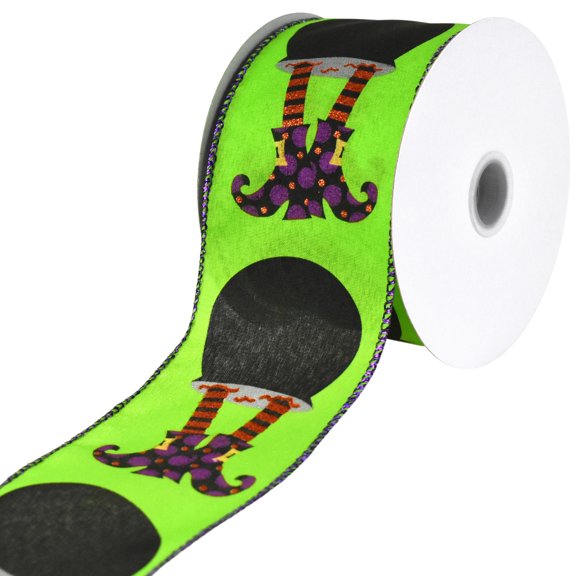 Homeford Halloween Witch Legs and Cauldrons Satin Wired Ribbon, 2-1/2-inch, 10-yard, Lime