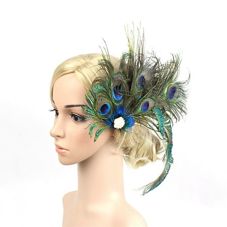 1920s Headpiece Peacock Feather Pearl Hair Clip Bridal Wedding Party Headband