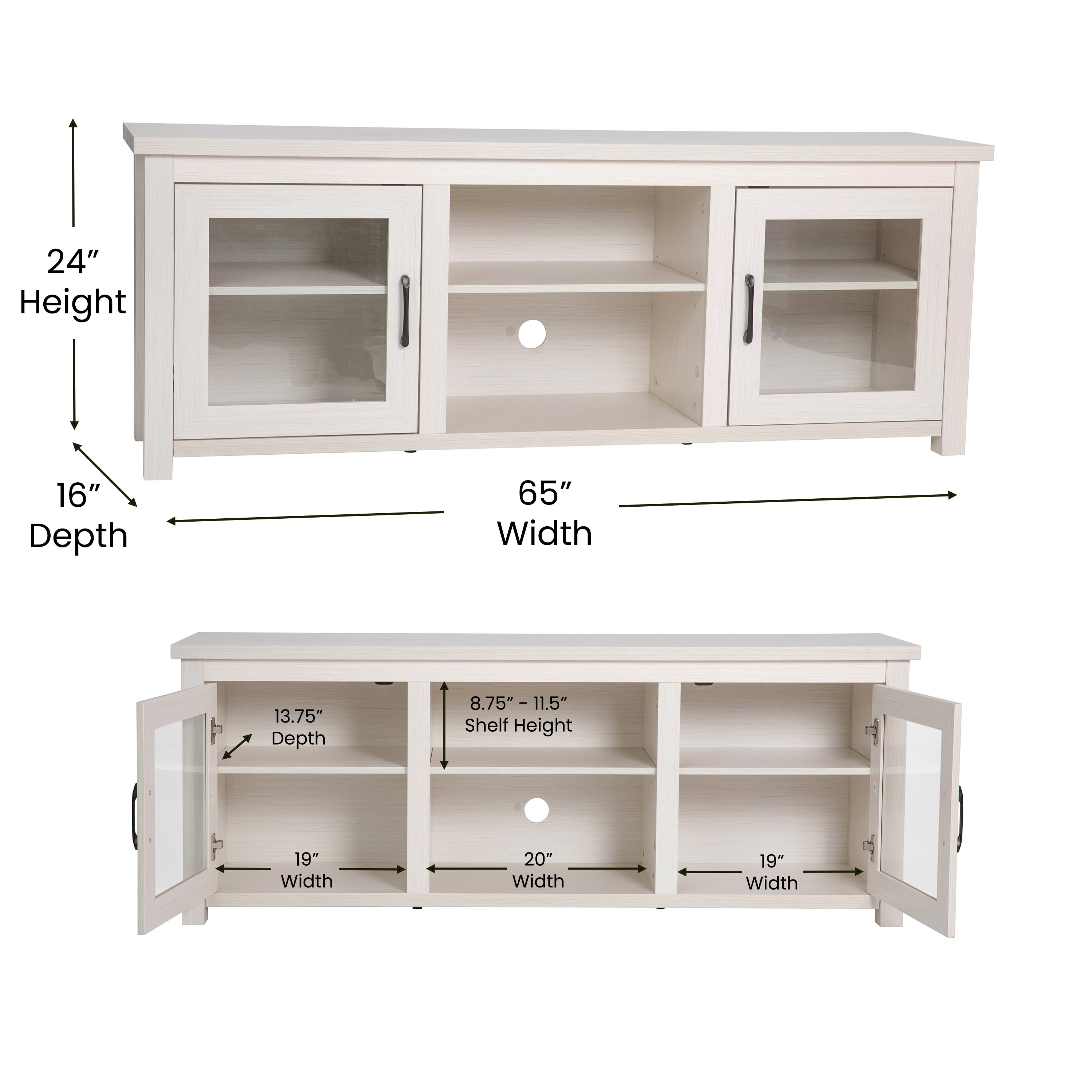 BizChair Classic TV Stand up to 80" TVs - Modern White Wash Finish with Full Glass Doors - 65" Engineered Wood Frame - 3 Shelves