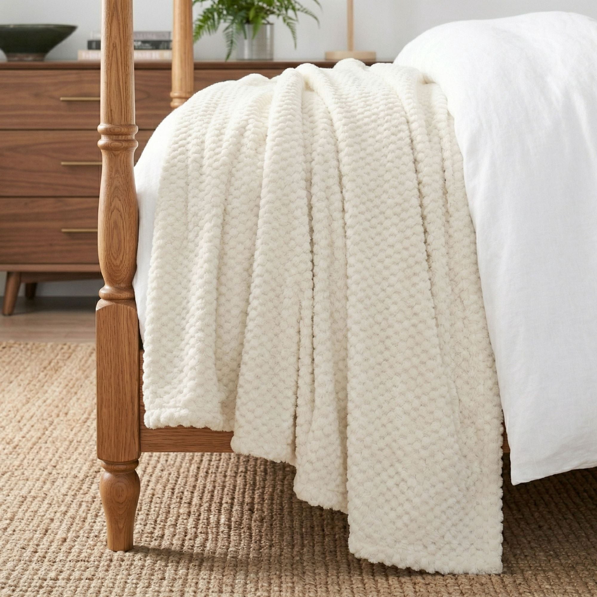 Superior Lily Pebbled Fluffy Fleece Blanket, King Size, Ivory
