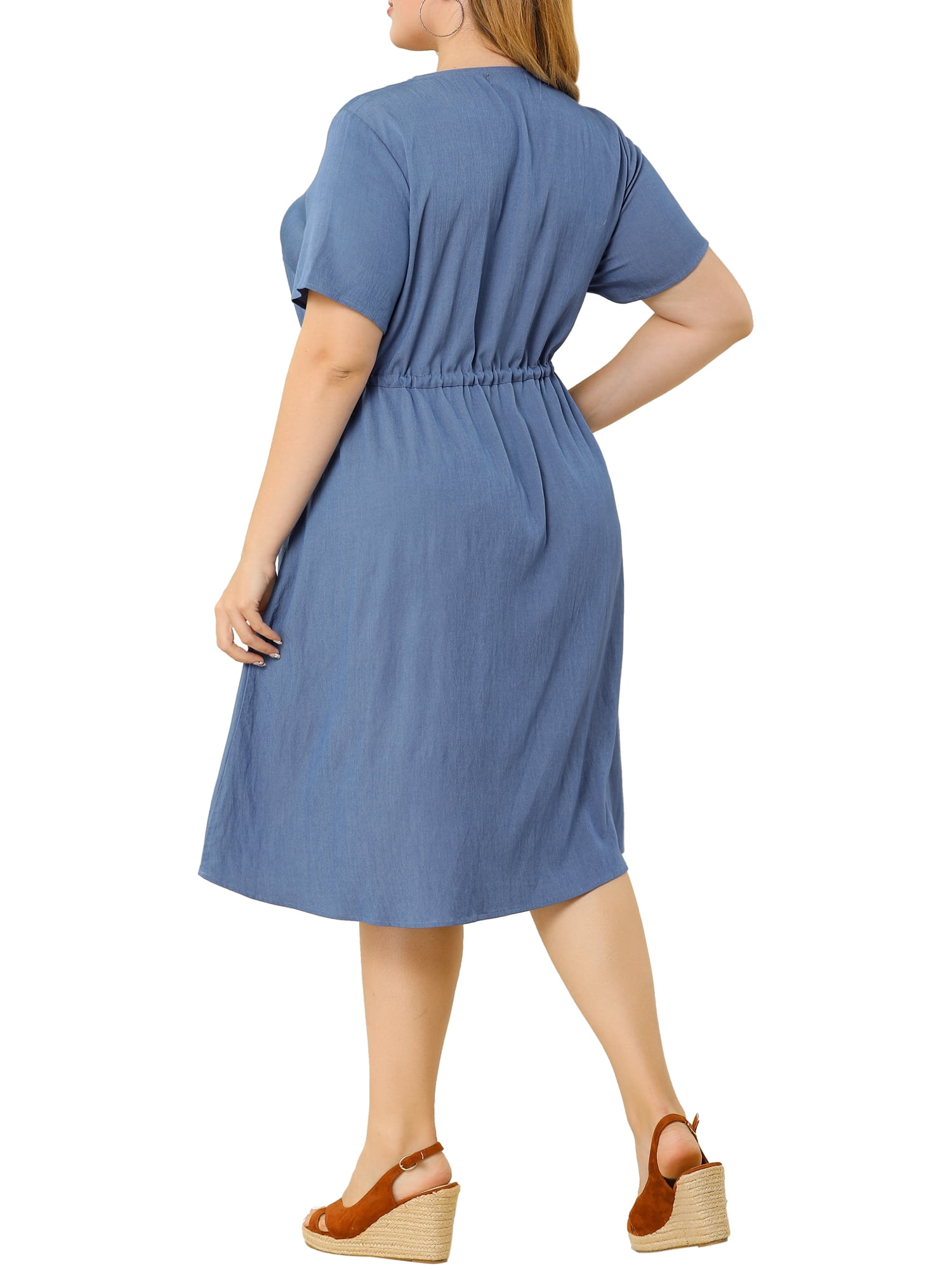 Unique Bargains Women's Plus V Neck Short Sleeve A-Line Denim Dresses 2X Blue