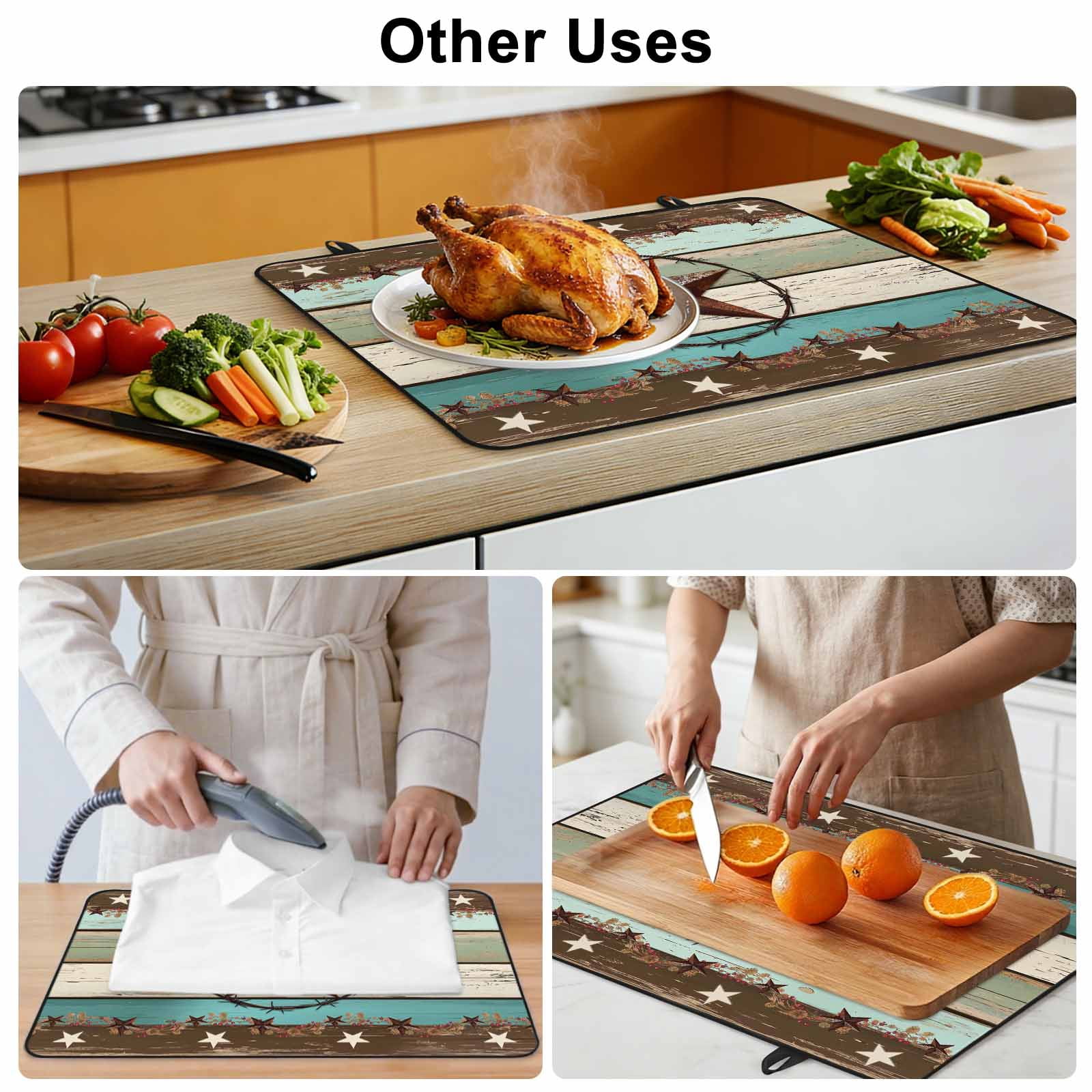 Teal Brown Texas Star Stove Top Cover for Electric Stove, Heat-proof & Non Slip Glass Top Stove Cover Protector, Farmhouse Country Wooden Kitchen Flat Cooktop Rubber Mat 24x21 Inches