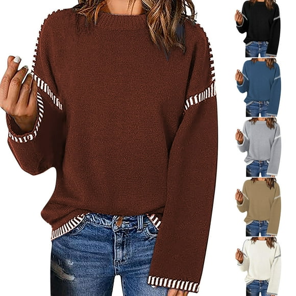 Feancey Cotton Sweaters for Women Trendy Striped Patchwork Pullover Tops Oversized Casual Long Sleeve Crewneck Sweater Loose Fit Knit Shirt White S
