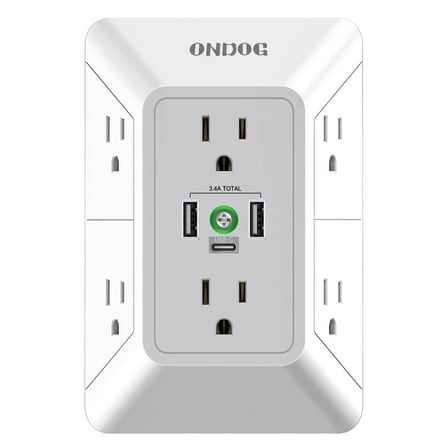 Multi Plug Wall Outlet adapter - 6 AC sockets and 3 USB ports (1 USB C), 3-side Surge Protector Outlets, White