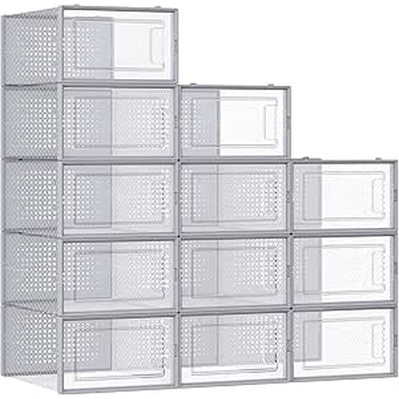 SONGMICS HOME Cajas de Zapatos Plástico, Juego de 12 Organizadores de Almacenamiento, Caja Zapatero Plástico Plegable y Apilable para Zapatillas hasta talla 44, Transparente y Gris