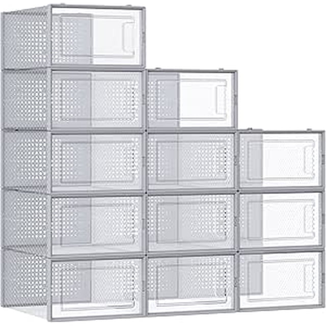 SONGMICS HOME Cajas de Zapatos Plástico, Juego de 12 Organizadores de Almacenamiento, Caja Zapatero Plástico Plegable y Apilable para Zapatillas hasta talla 44, Transparente y Gris
