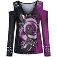 thumbnail image 4 of LEAVINGSUO Fall Winter V Neck Long Tops for Women, Womens Tops Clearance Women's Sexy Floral Printed Tunic Tops Shoulder Long Sleeve Blouse Tees, 4 of 6