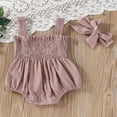 thumbnail image 3 of Infant Baby Girls Summer Elastic Jumpsuit Outfit Solid Color Ruched Casual Sleeveless Suspender Rompers Apricot 3-6 Months, 3 of 7