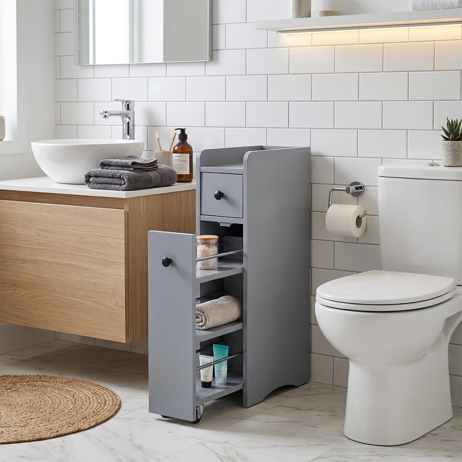Slim Bathroom Tall Cabinet 18cm Width with 2 Drawers, Pull-Out Wheeled Rack & Guarded Bottom Shelf Moisture-Resistant Melamine for Toilet Sink Washing Machine Narrow Spaces