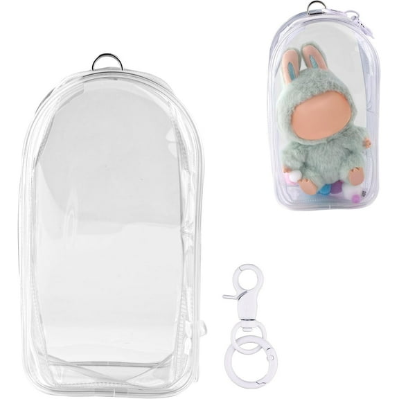 Protective Case for Dolls, 7.48x4.13in Waterproof Clear Figure Display Case Accessories Plastic PVC Material Plush Protective Bag Cover with Pompoms Keychain Pouch Display Storage Box for Doll
